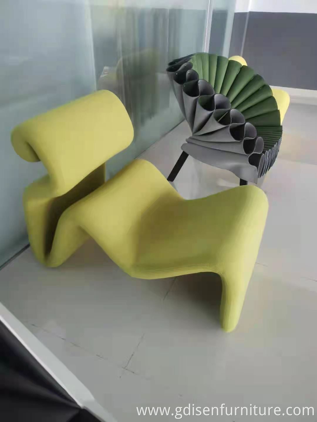 Modern designer furniture fiberglass and fabric curved chair